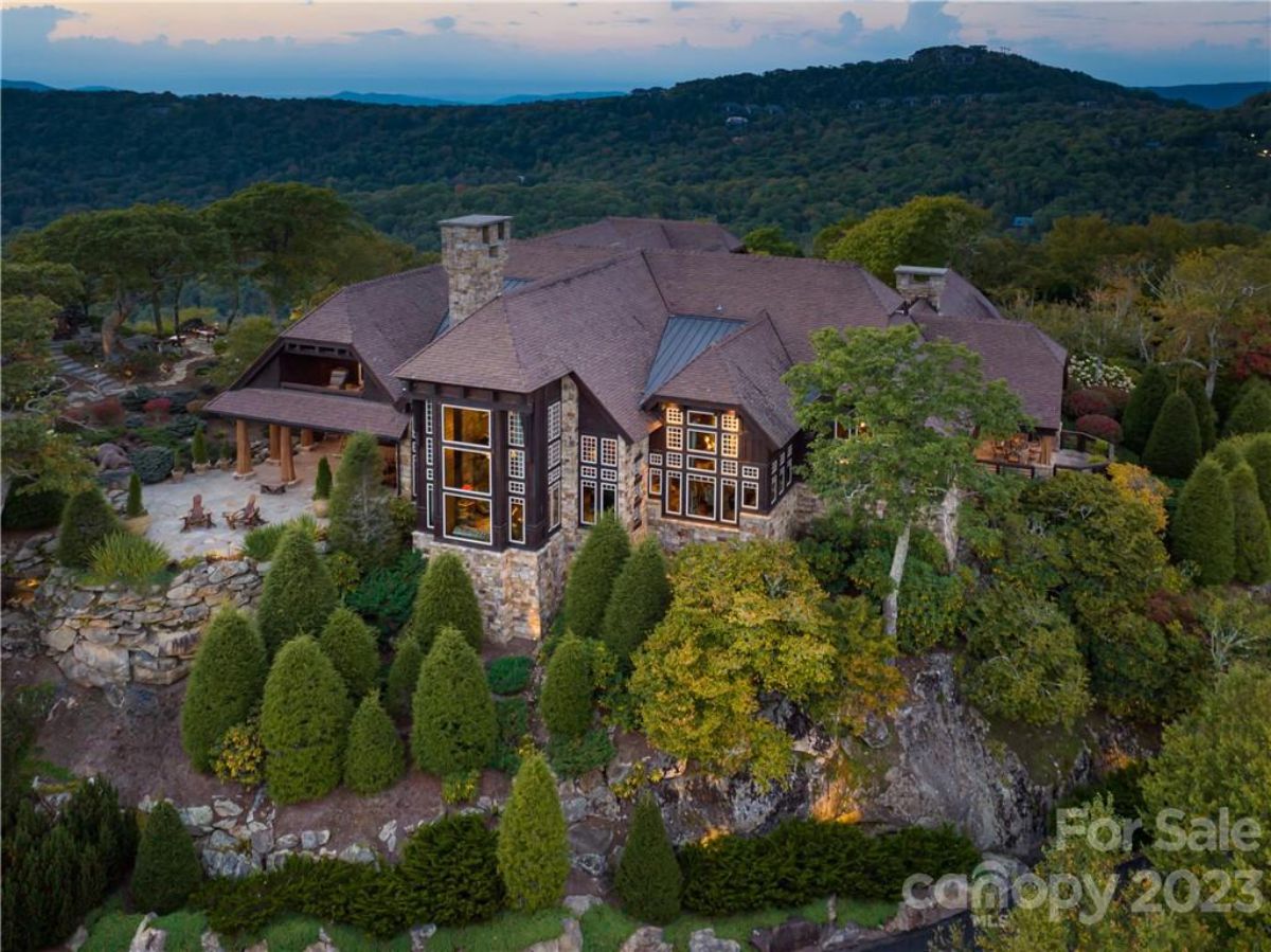 Mansion's aerial front view.