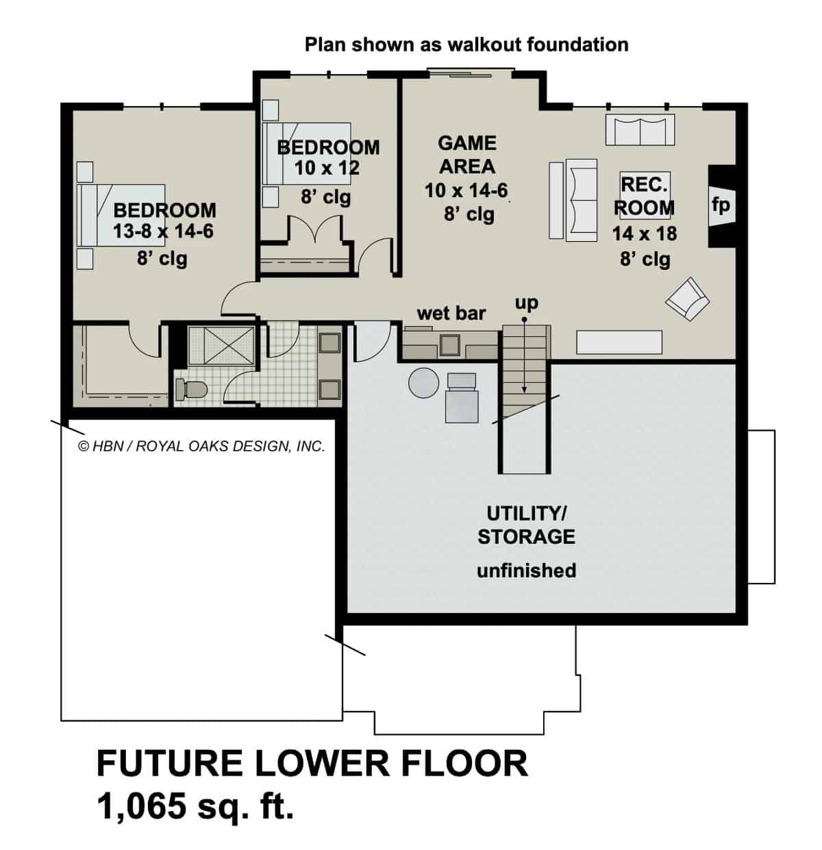 Lower level floor plan with two secondary bedrooms, a rec room, and a game area with a wet bar.