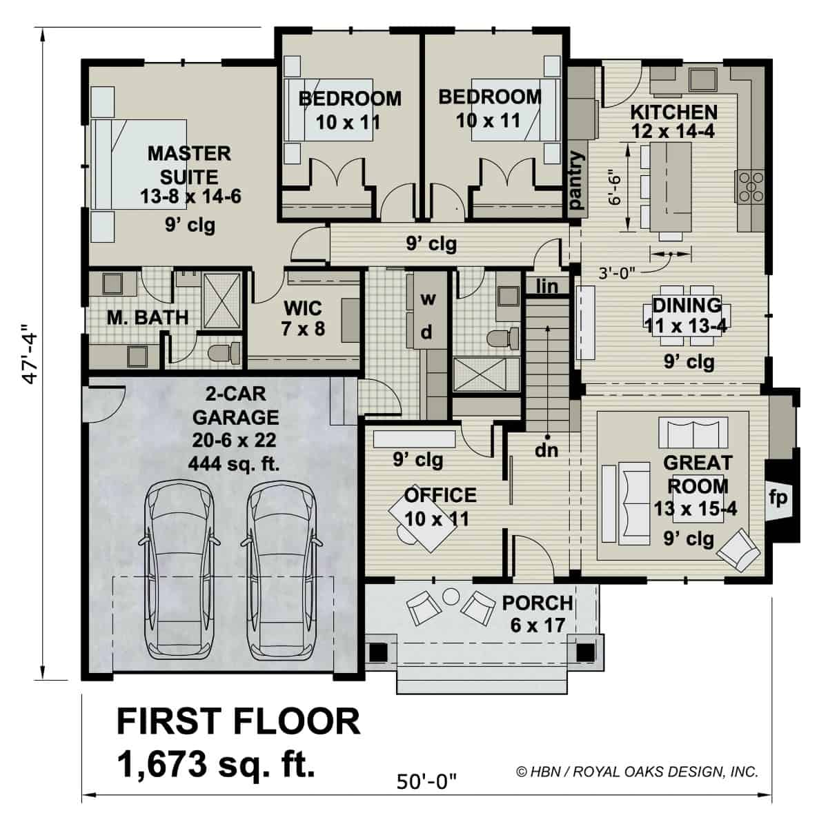 Main level floor plan of a single-story traditional 3-bedroom Mistwood home with a great room, dining area, kitchen, home office, three bedrooms, and a laundry room that opens to the garage.