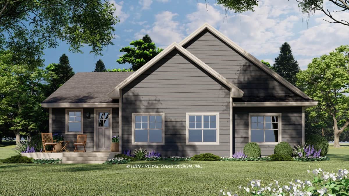 Rear rendering with horizontal siding, large gables, and an open patio.