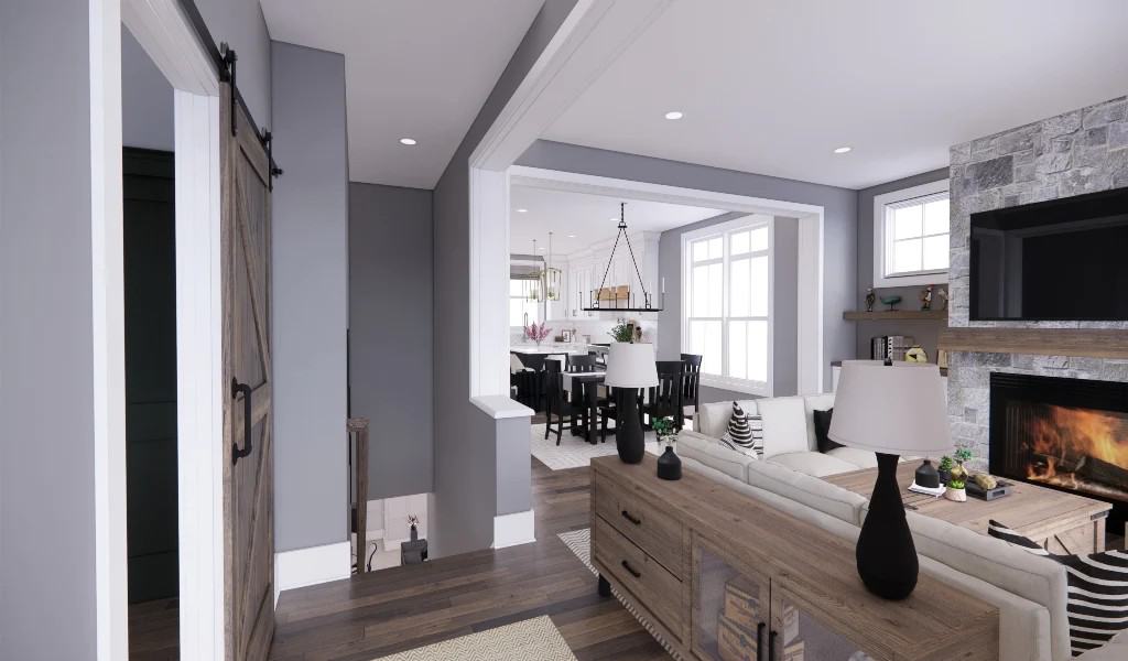 Entry with a view of the great room and eat-in kitchen.