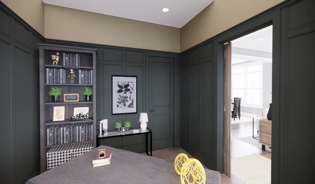 Home office with dark wainscoted walls, a wooden desk, and a matching bookshelf.