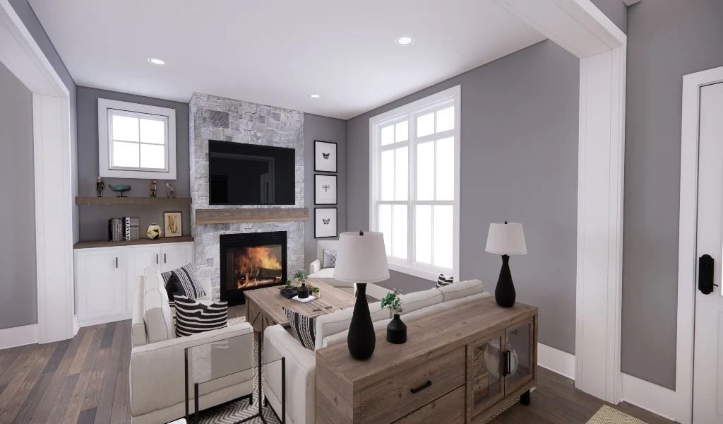 Great room with a beige sofas, wooden tables, and a stone fireplace topped with a TV.
