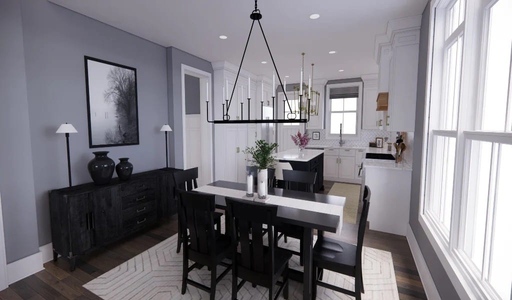 Dining area with a dark wood dining set and a matching buffet table.