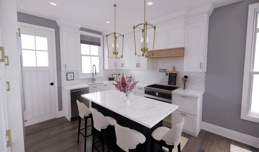Kitchen with marble countertops, a center island, and white cabinetry accentuated with brass handles.