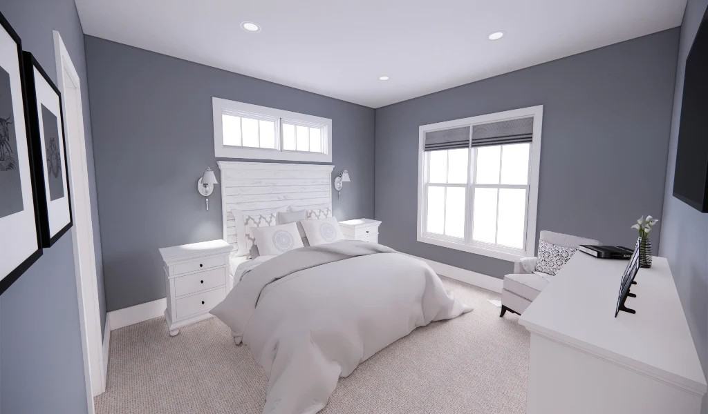 Primary bedroom with gray walls, a carpet flooring, and white furnishings.
