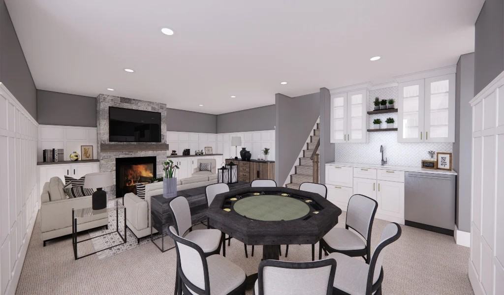 Basement with a rec room, game area, and a wet bar.