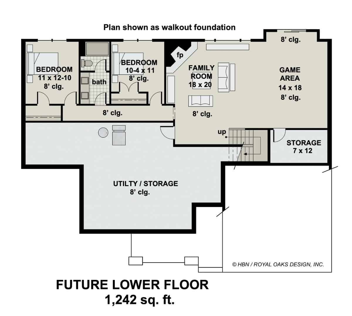 Lower level floor plan with two bedrooms, a family room, a game area, and lots of storage space.