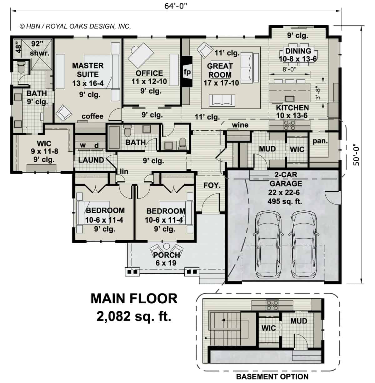 Main level floor plan of a Moss Creek single-story 3-bedroom modern farmhouse with a foyer, great room, dining area, kitchen, home office, three bedrooms, and a mudroom leading to the garage.
