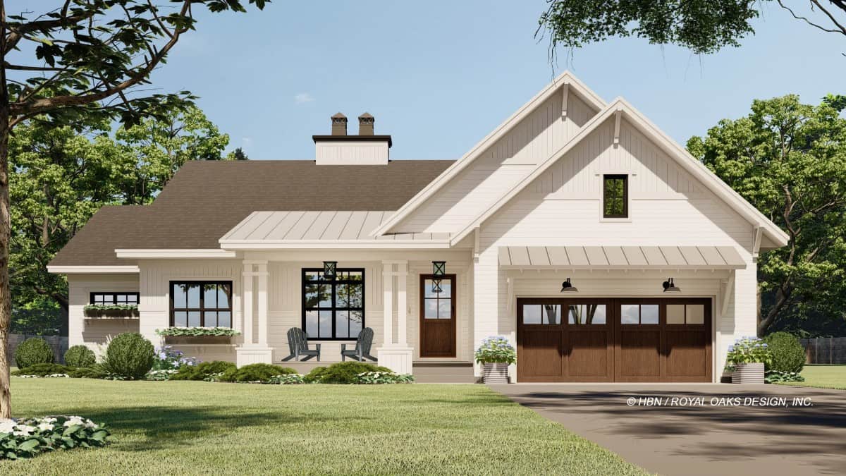 Front rendering with stacked gables, a double garage, and a covered entry porch supported by double columns.