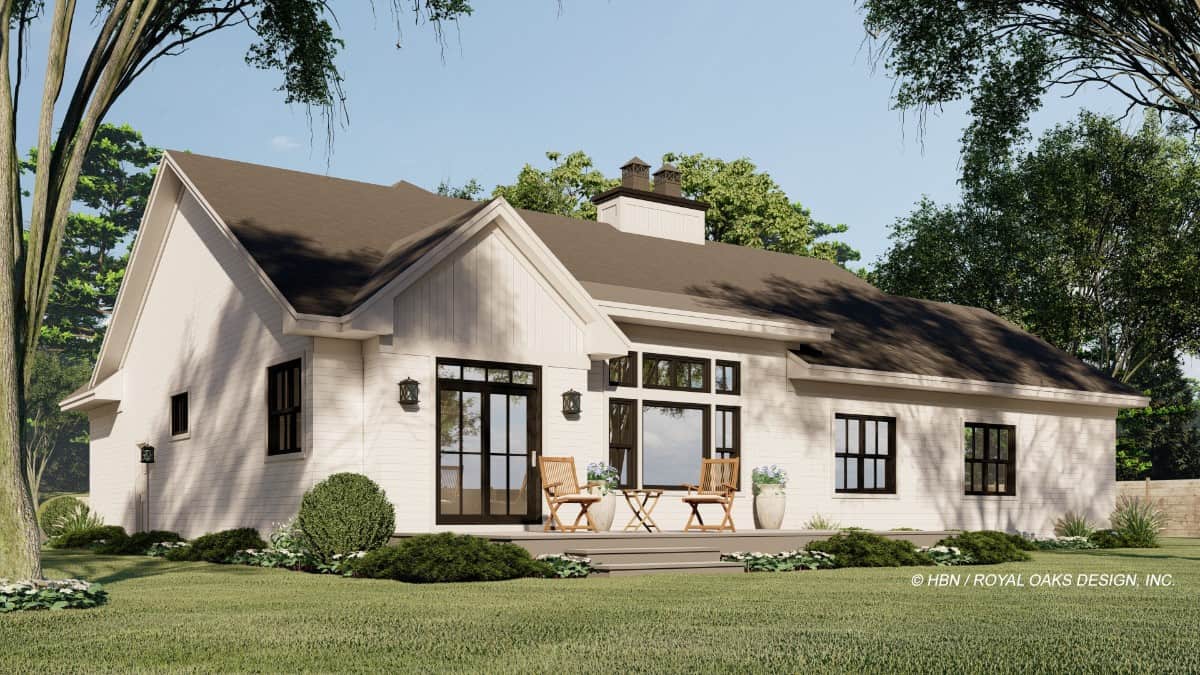 Rear rendering with huge windows and an airy patio.