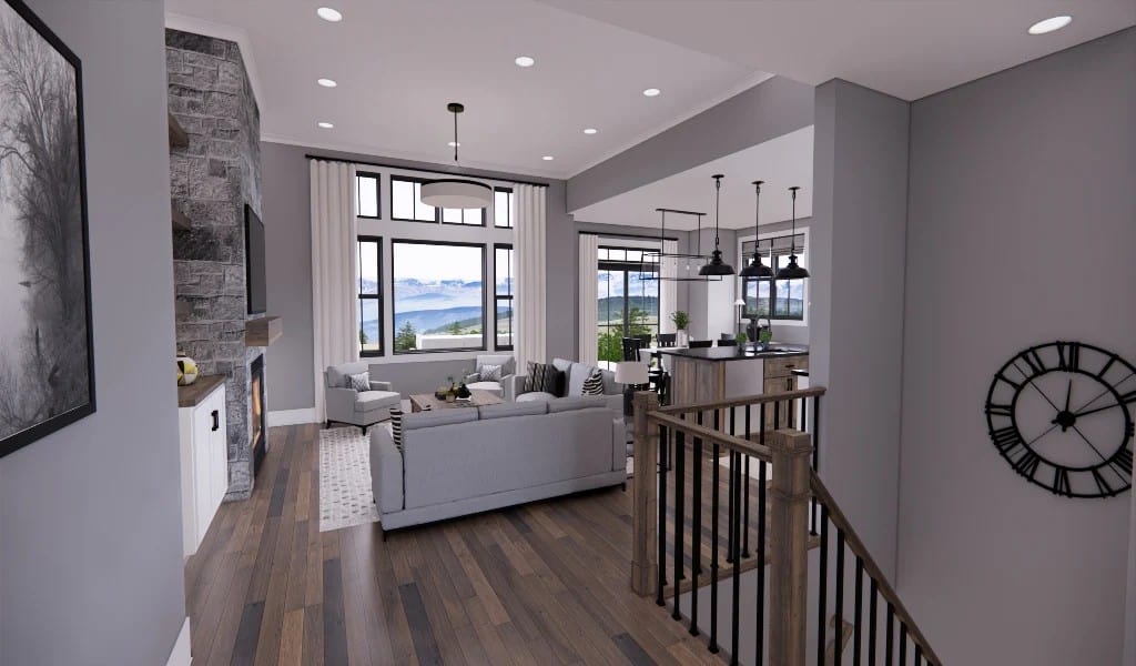 A view of the great room and the eat-in kitchen from the foyer.