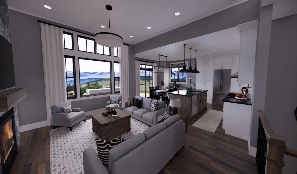 Large aluminum-framed windows bathe the open living space with abundant natural light.