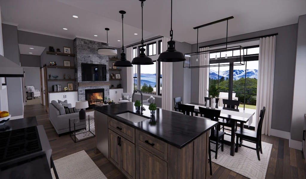 Kitchen island overlooking the great room and dining area.