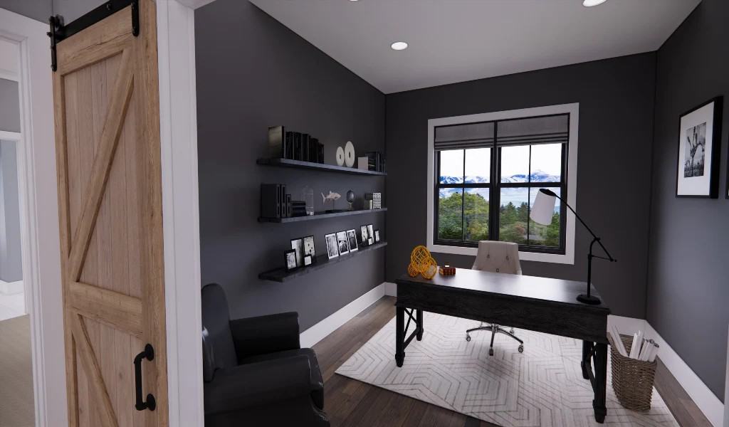 Sliding barn doors reveal the home office with a black desk and floating shelves.