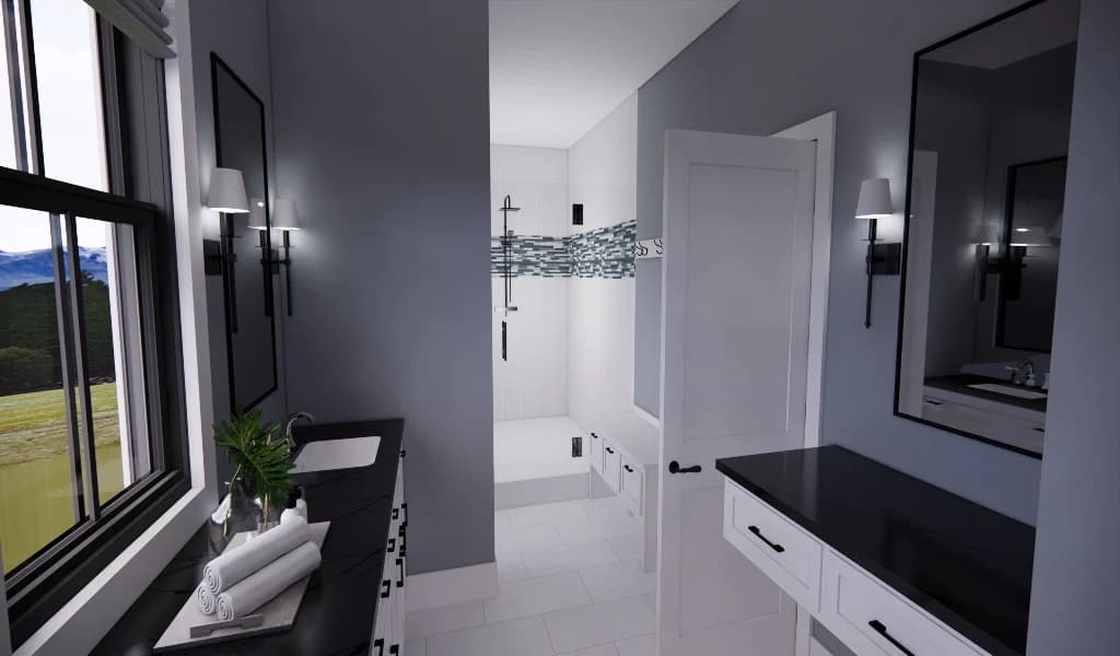 The primary bathroom offers a dual sink vanity, a separate makeup counter, and a walk-in shower.