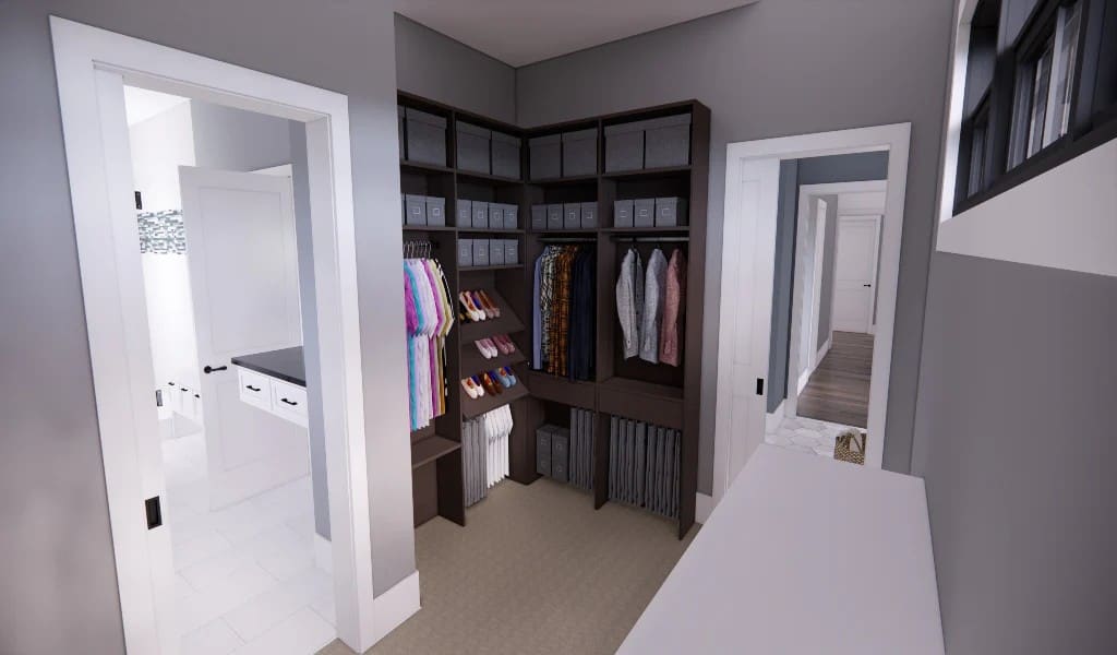 The walk-in closet with built-in shelves can also be found inside the primary bathroom.
