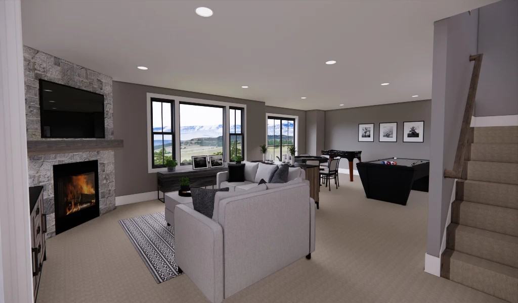 Lower level with a game area and a family room warmed by a corner fireplace.