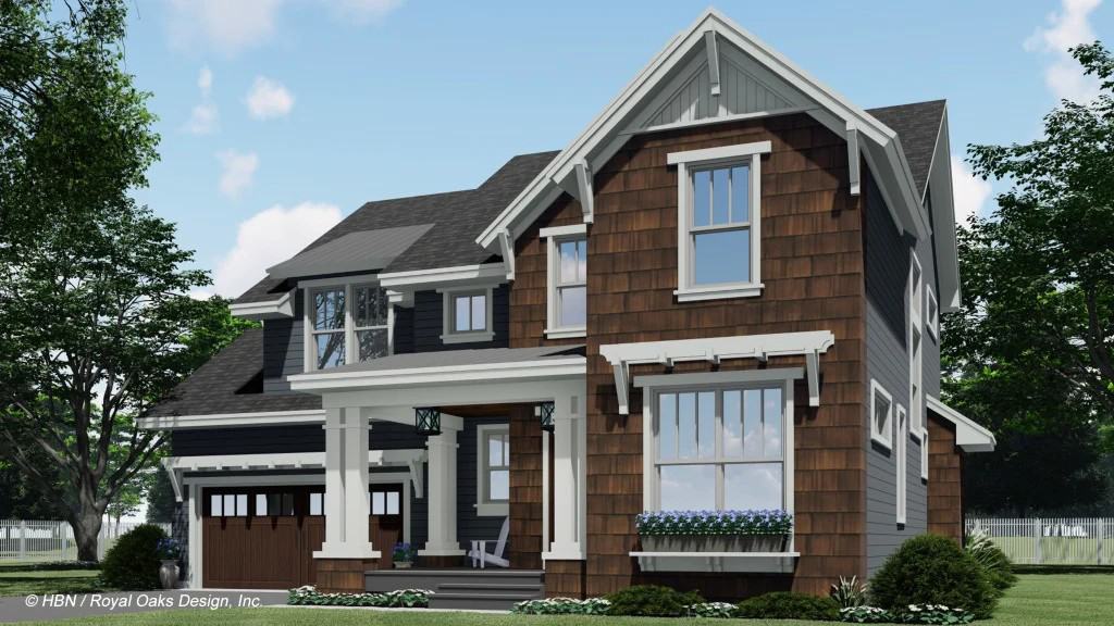 Front rendering with covered entry porch, a double garage, exposed rafters, and gable brackets.