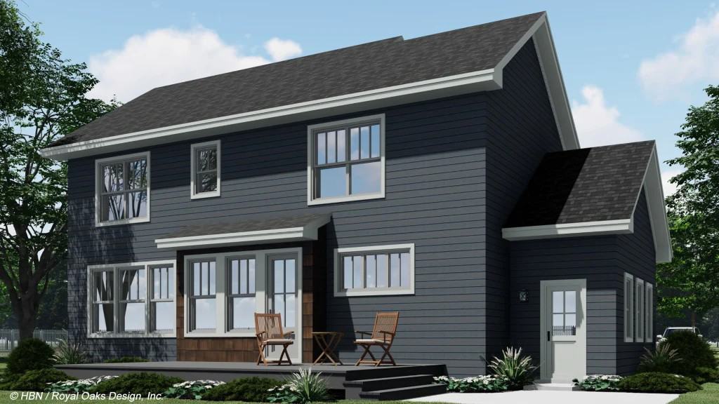 Rear rendering showcasing an open patio furnished with wooden armchairs,