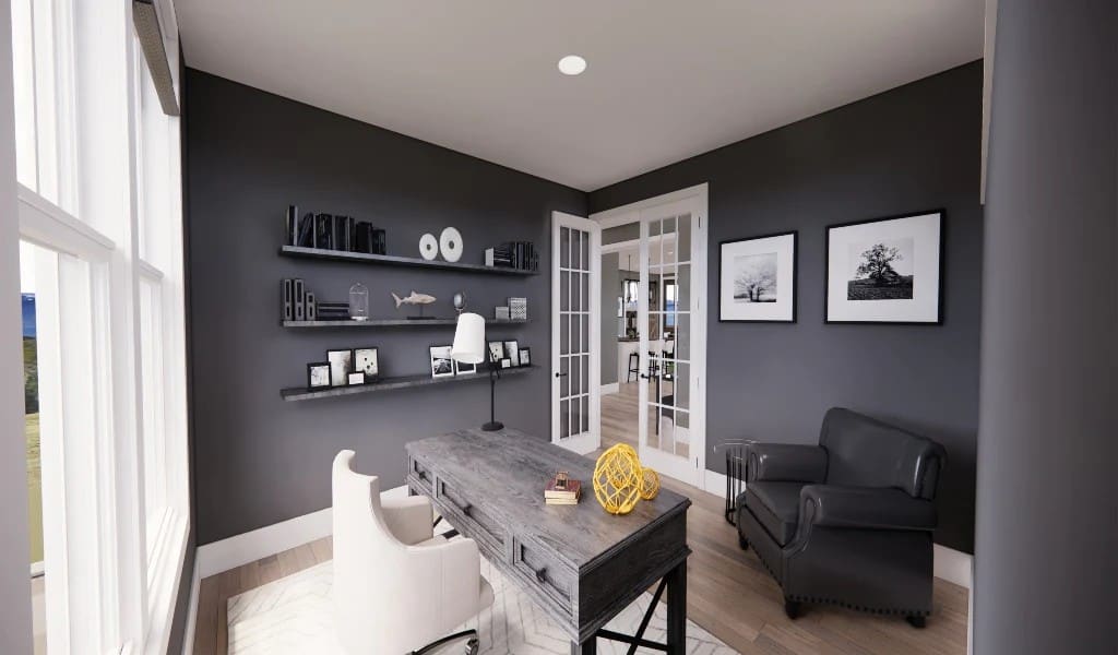 The home office has a French door, leather chairs, a rustic desk, and matching shelves.