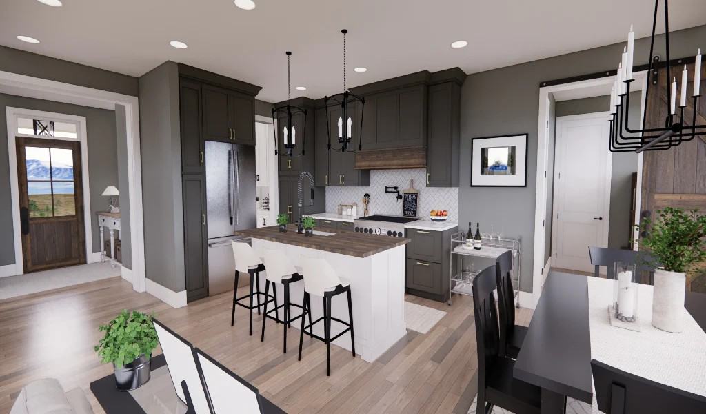 The kitchen is equipped with gray cabinetry, stainless steel appliances, and a breakfast island.