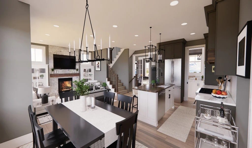 The dining area offers a 6-seater dining set well-lit by a wrought iron chandelier.