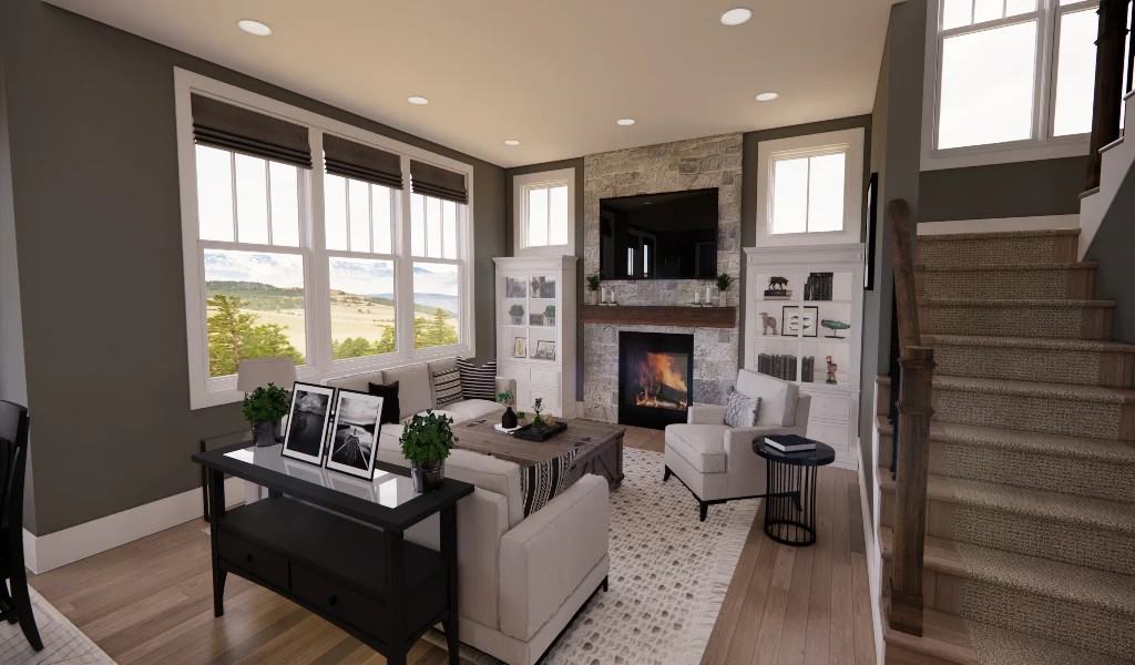 The great room has gray seats, dark wood tables, and a stone fireplace topped with a TV.
