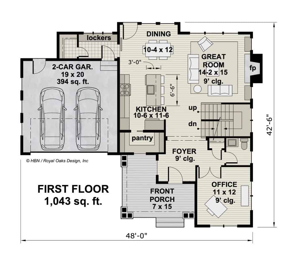 Main level floor plan of a 4-bedroom craftsman style two-story Pine Valley home with a foyer, kitchen, great room, dining room, home office, and mudroom leading to the garage.