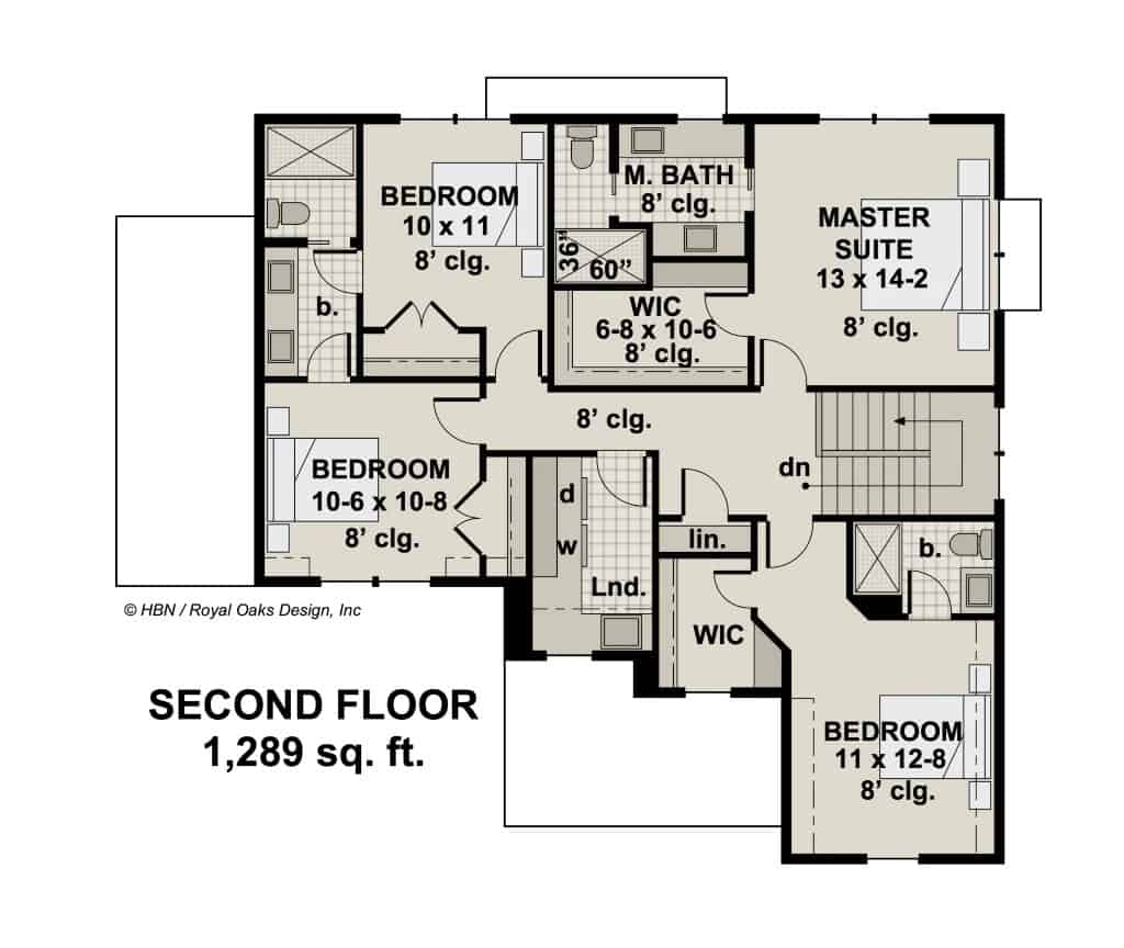 Second level floor plan with four bedrooms, two baths, and a laundry room.