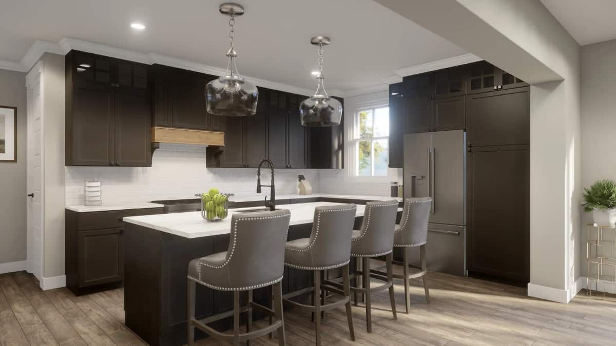 The kitchen has black cabinetry, slate appliances, and a breakfast island lined with contemporary counter chairs.