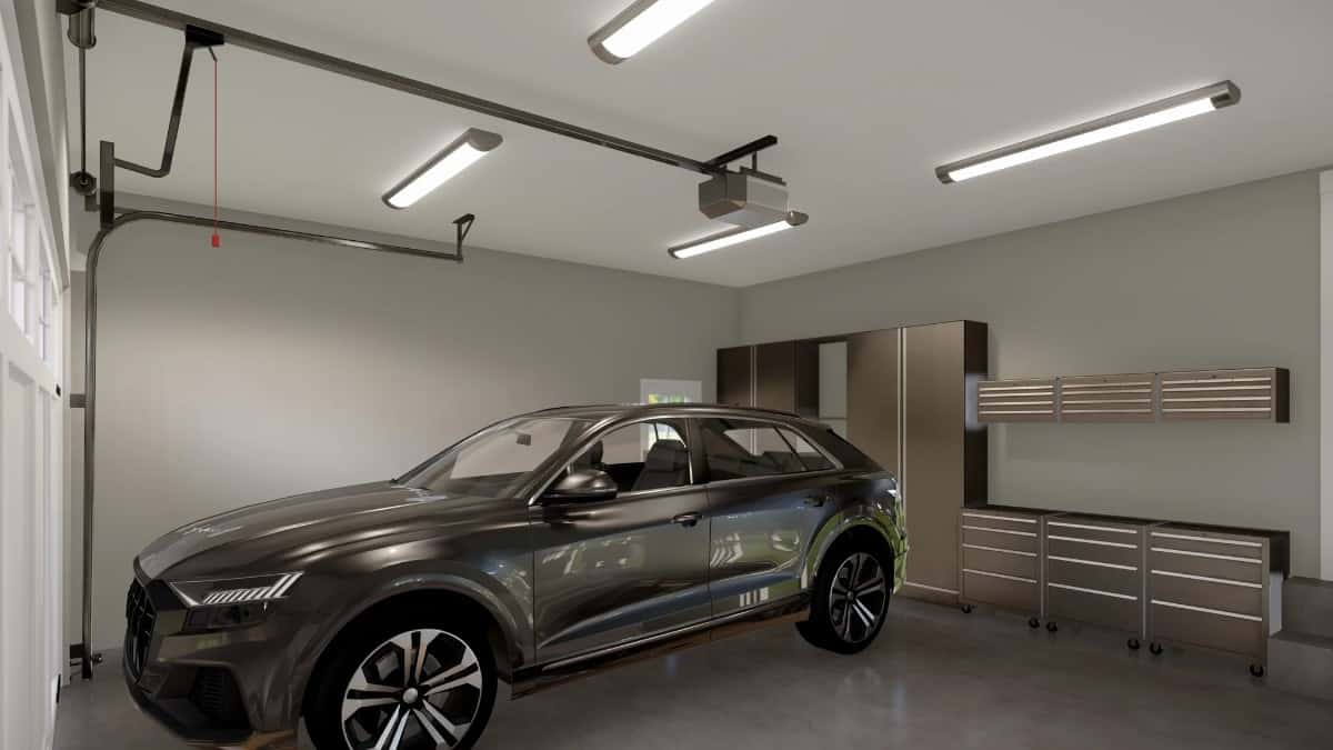 The garage offers additional storage and a parking space for two vehicles.