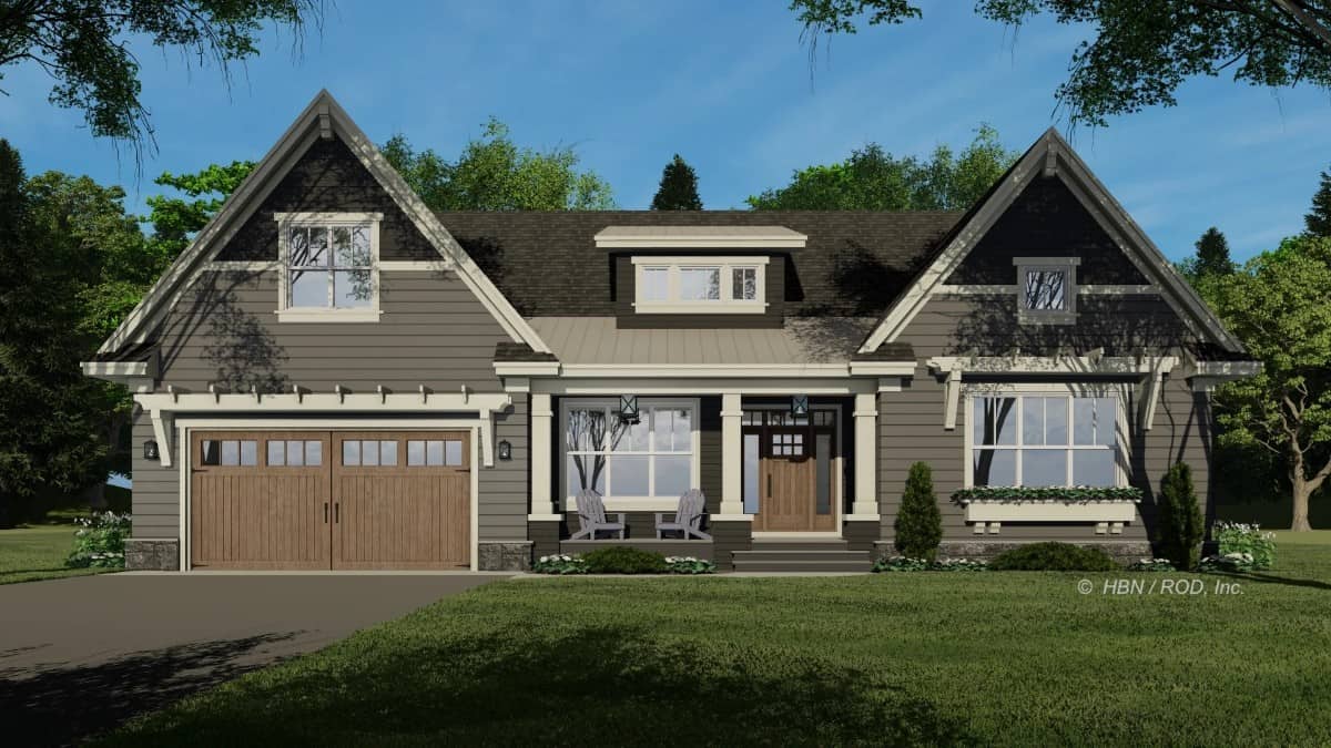 Front rendering with twin gables, a shed dormer above the entry porch, and a double garage highlighted by exposed rafters.