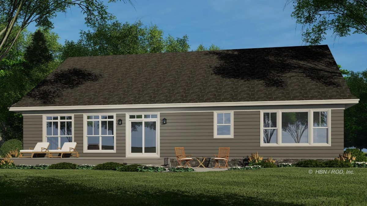 Rear rendering with sliding glass doors and an airy patio perfect for entertaining.