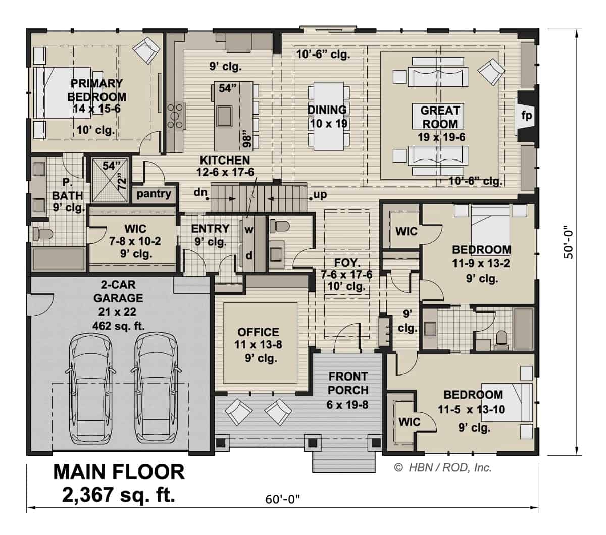 Main level floor plan of a 3-bedroom craftsman style single-story Parkview home with a foyer, home office, great room, dining area, kitchen, three bedrooms, and a mudroom leading to the garage.