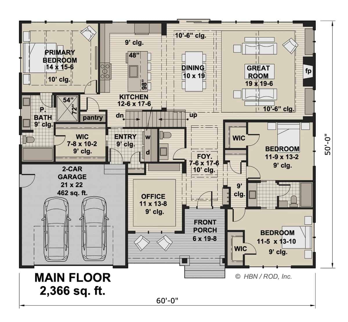Main level floor plan of The Thornwood single-story 3-bedroom modern farmhouse with a foyer, great room, dining area, kitchen, home office, three bedrooms, and a mudroom leading to the garage.
