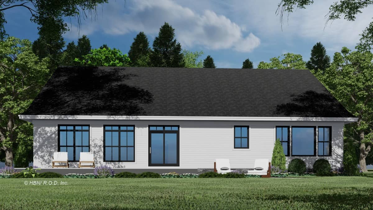 Rear rendering with an open patio and a fire pit seating.