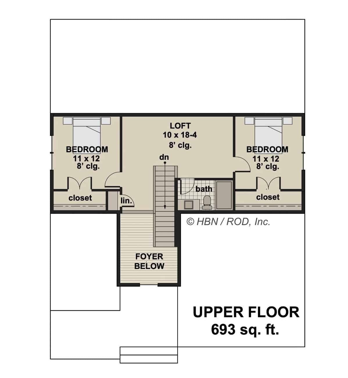 Second level floor plan with two bedrooms, a shared bathroom, and a loft.