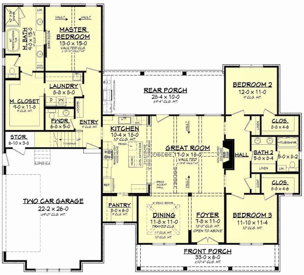 Main level floor plan of a single-story farmhouse style 3-bedroom The Chelci home with a foyer, formal dining room, great room, kitchen, laundry room, three bedrooms, and a mudroom leading to the garage.