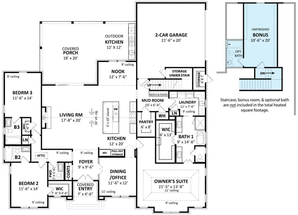Entire floor plan of the Sweet Magnolia single-story 3-bedroom transitional home with a foyer, living room, kitchen, breakfast nook, dining/office, three bedrooms, and mudroom leading to the garage.