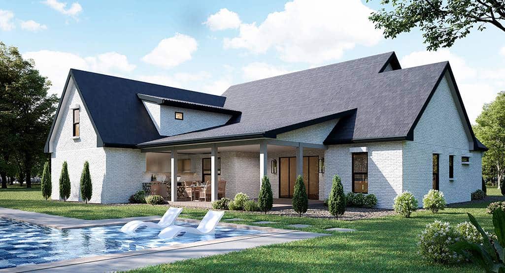 Rear rendering showcasing the pool terrace and a covered lanai framed with decorative columns.