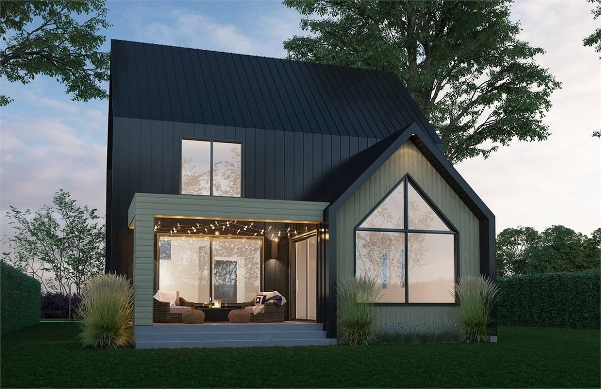 Rear rendering with large windows and a covered terrace with fire pit seating.