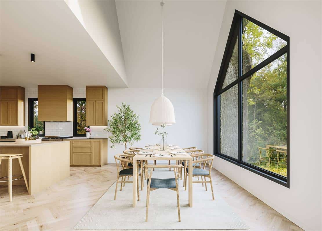 The dining area offers an 8-seater wooden dining set topped with wicker pendants.