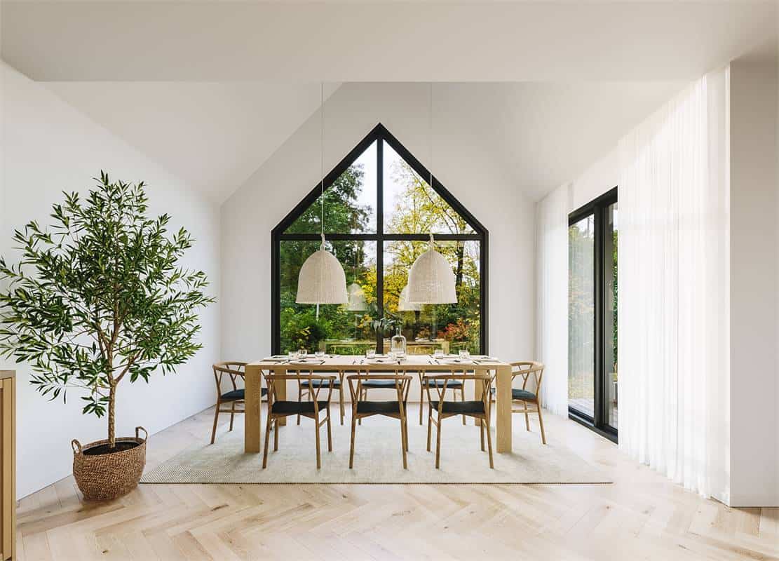 A huge window provides the dining area with stunning backyard views.