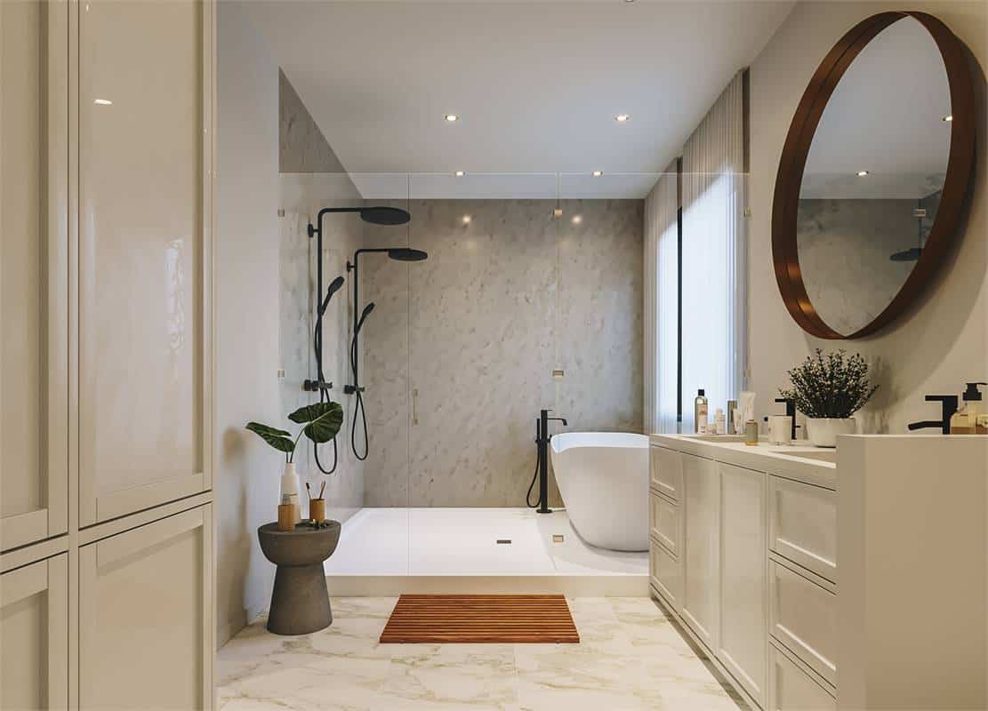 Deluxe primary bathroom with dual sink vanity and a glass-enclosed wet room.