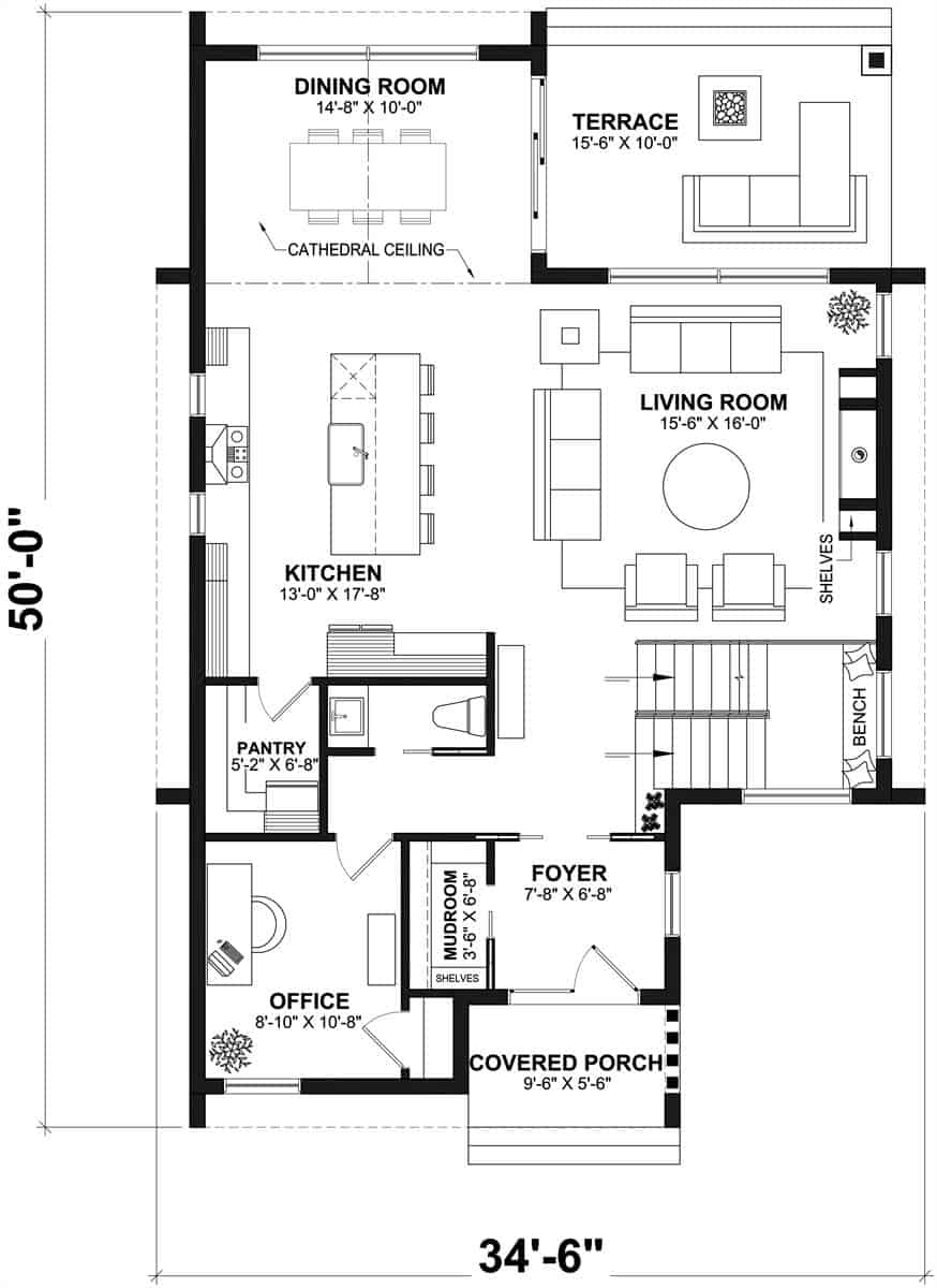 Main level floor plan of a Freya 4-bedroom two-story contemporary home with a foyer, living room, kitchen, dining room, home office, and a terrace.