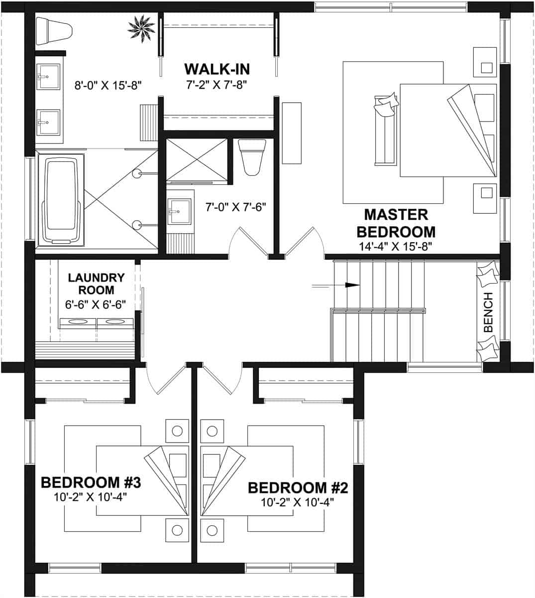 Second level floor plan with three bedrooms, two baths, and a laundry room.