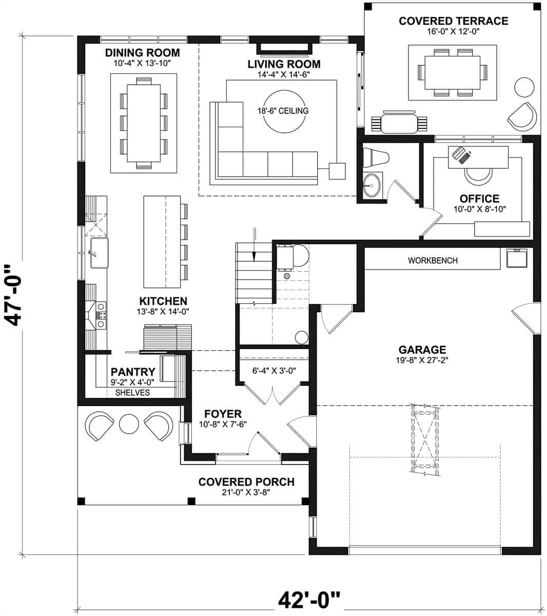 Main level floor plan of a modern 3-bedroom two-story farmhouse with a foyer, kitchen, living room, dining room, home office, and a double garage.