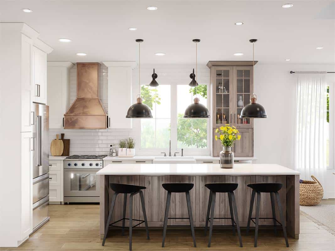 Natural light streaming in from the white framed windows above the farmhouse sink fills the kitchen.
