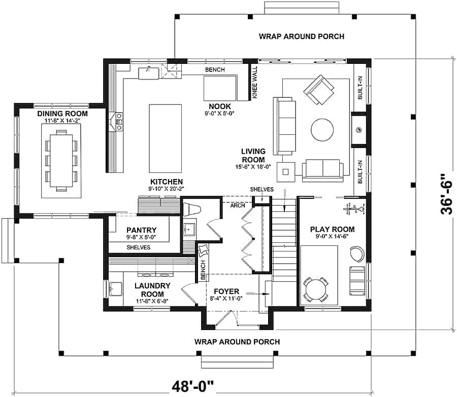 Main level floor plan of a the Rivard 4-bedroom two-story country home with a foyer, living room, kitchen, breakfast nook, dining room, playroom, laundry room, and a wraparound porch.